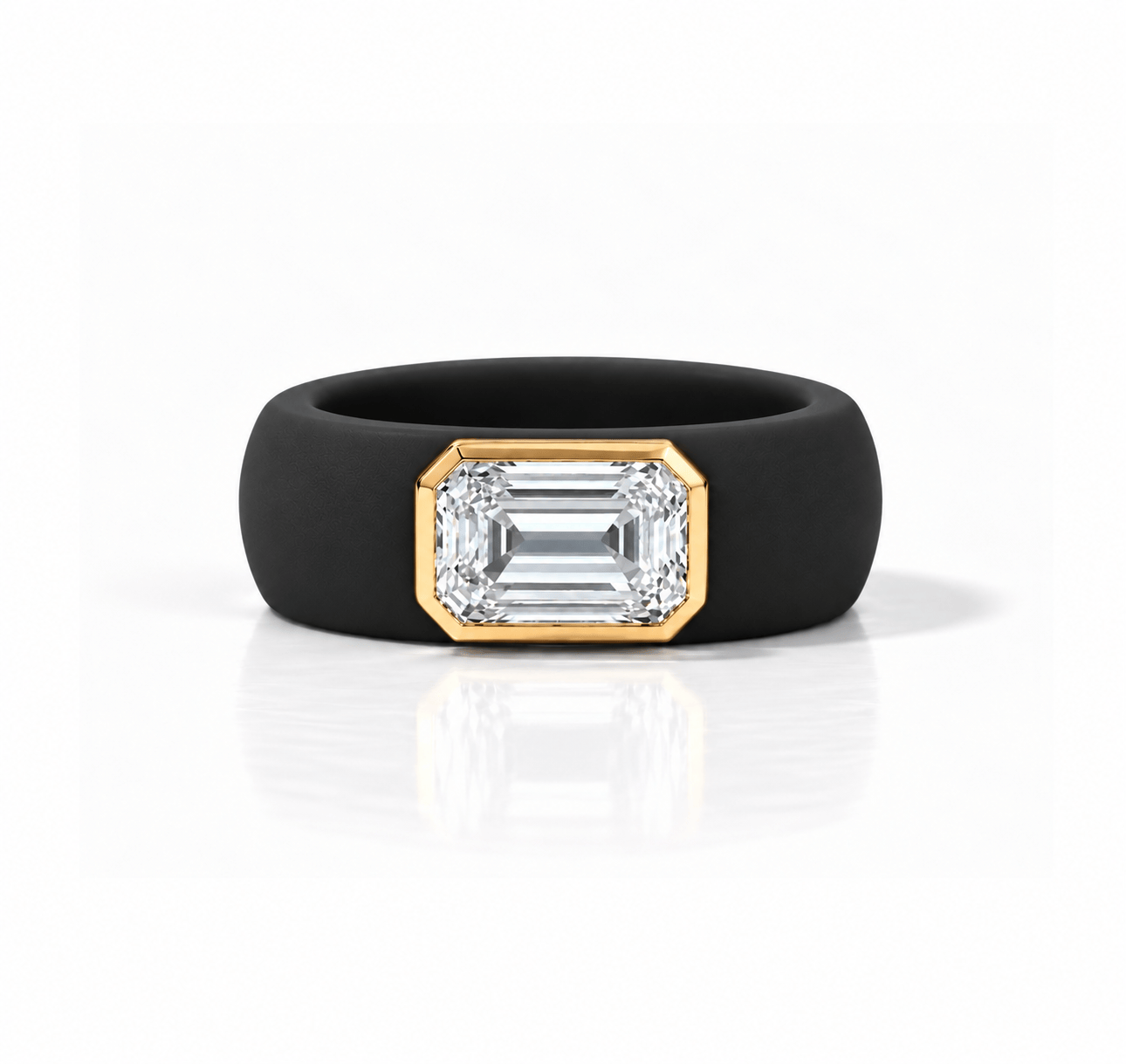 Rings Yellow / 4 / Black 14K gold Silicone Stretch Bezel Set Emerald Cut Diamond Ring, 3 ct