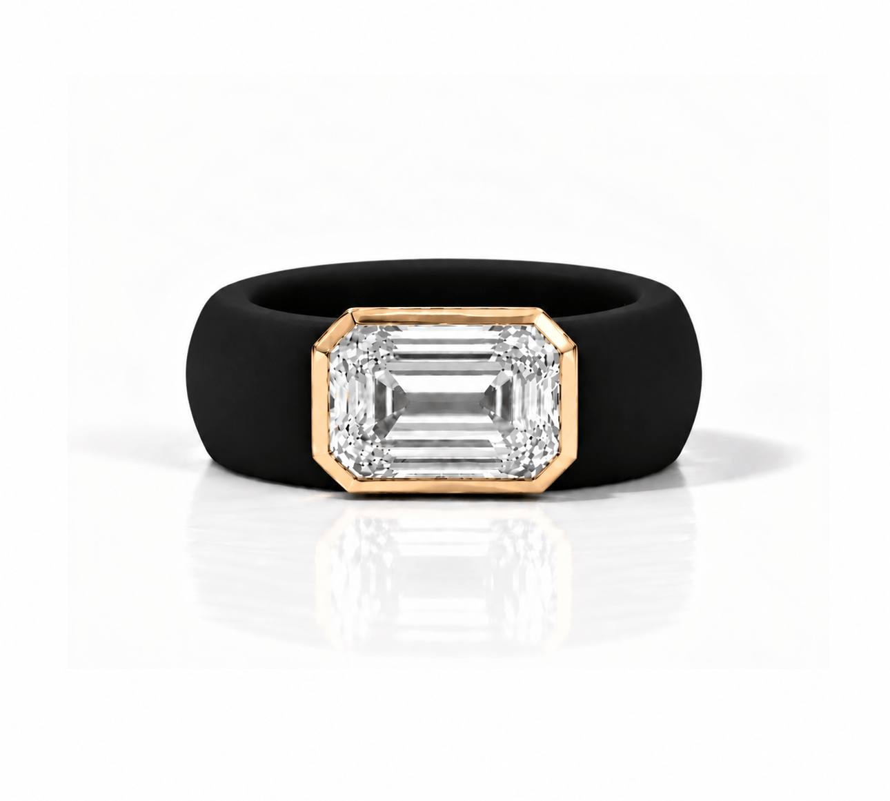 Rings Yellow / 4 / Black 14K gold Silicone Stretch Bezel Set Emerald Cut Diamond Ring, 4 ct