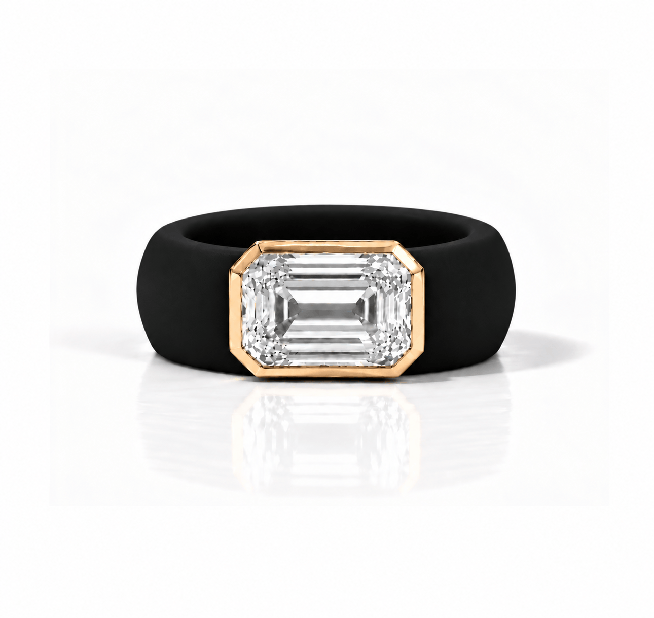 Rings Yellow / 4 / Black 14K gold Silicone Stretch Bezel Set Emerald Cut Diamond Ring, 4 ct