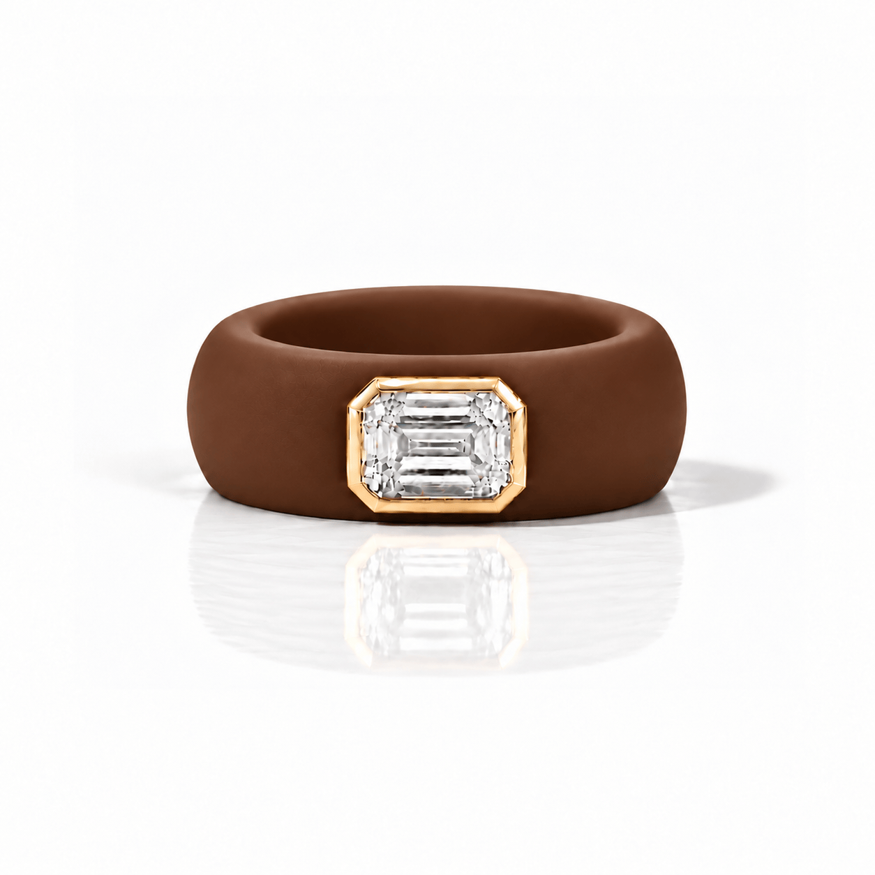 Rings Yellow / 4 / Brown 14K gold Silicone Stretch Bezel Set Emerald Cut Diamond Ring, 1-1.2 cts , Lab Grown