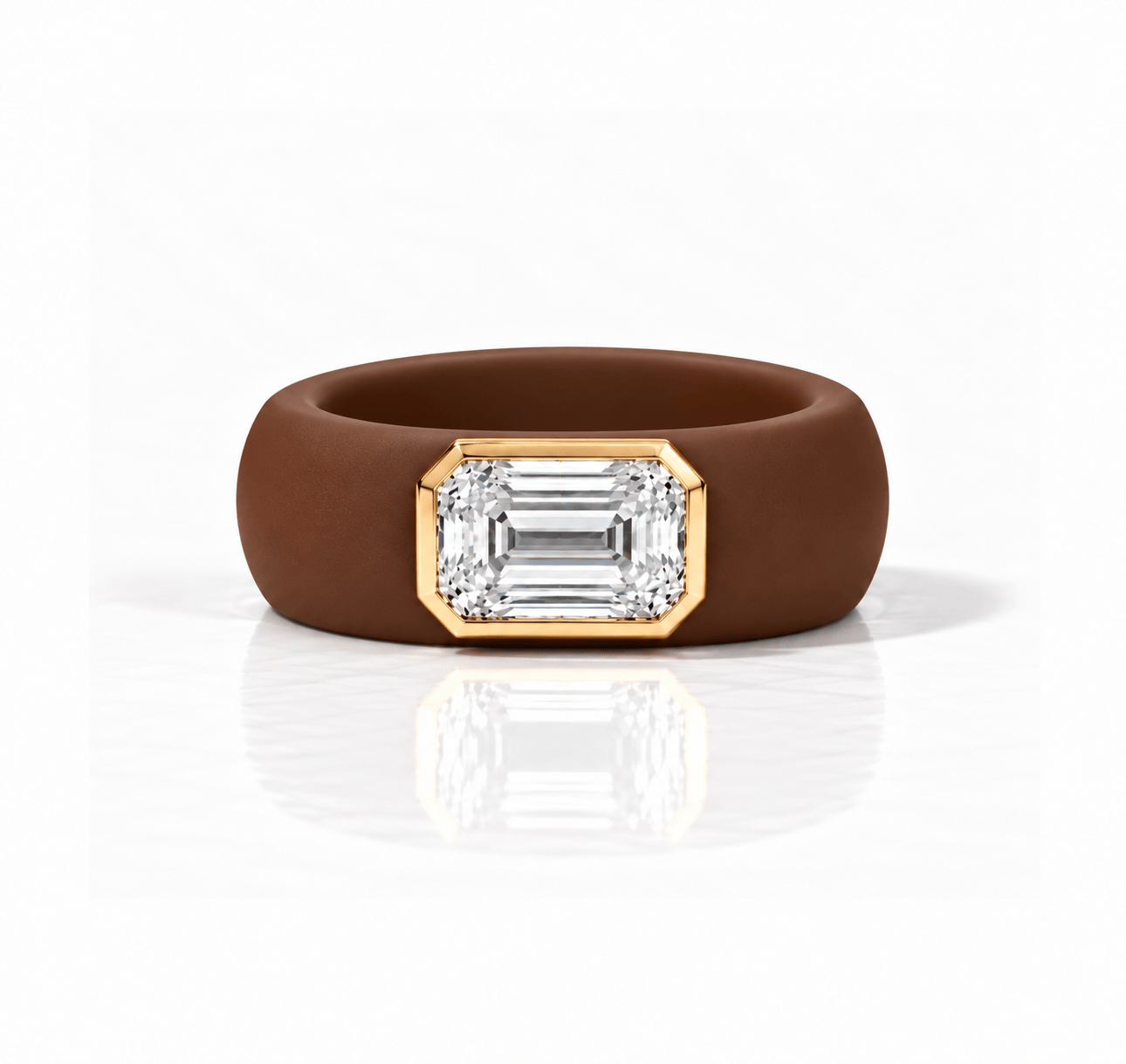 Rings Yellow / 4 / Brown 14K gold Silicone Stretch Bezel Set Emerald Cut Diamond Ring, 3 ct, Lab Grown
