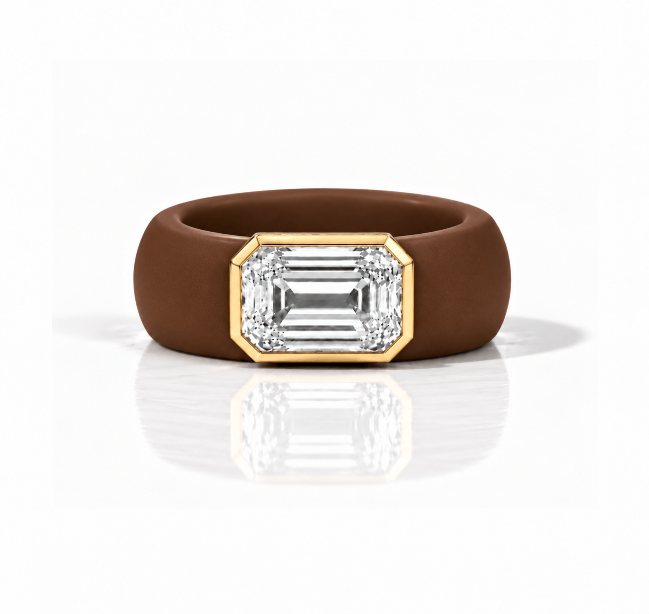 Rings Yellow / 4 / Brown 14K gold Silicone Stretch Bezel Set Emerald Cut Diamond Ring, 4 ct, Lab Grown
