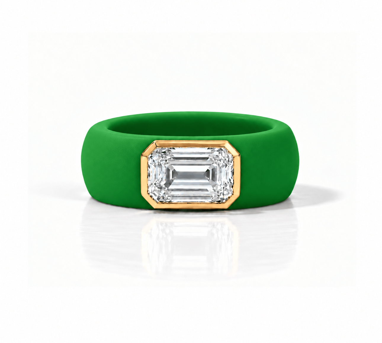 Rings Yellow / 4 / Green 14K gold Silicone Stretch Bezel Set Emerald Cut Diamond Ring, 3 ct