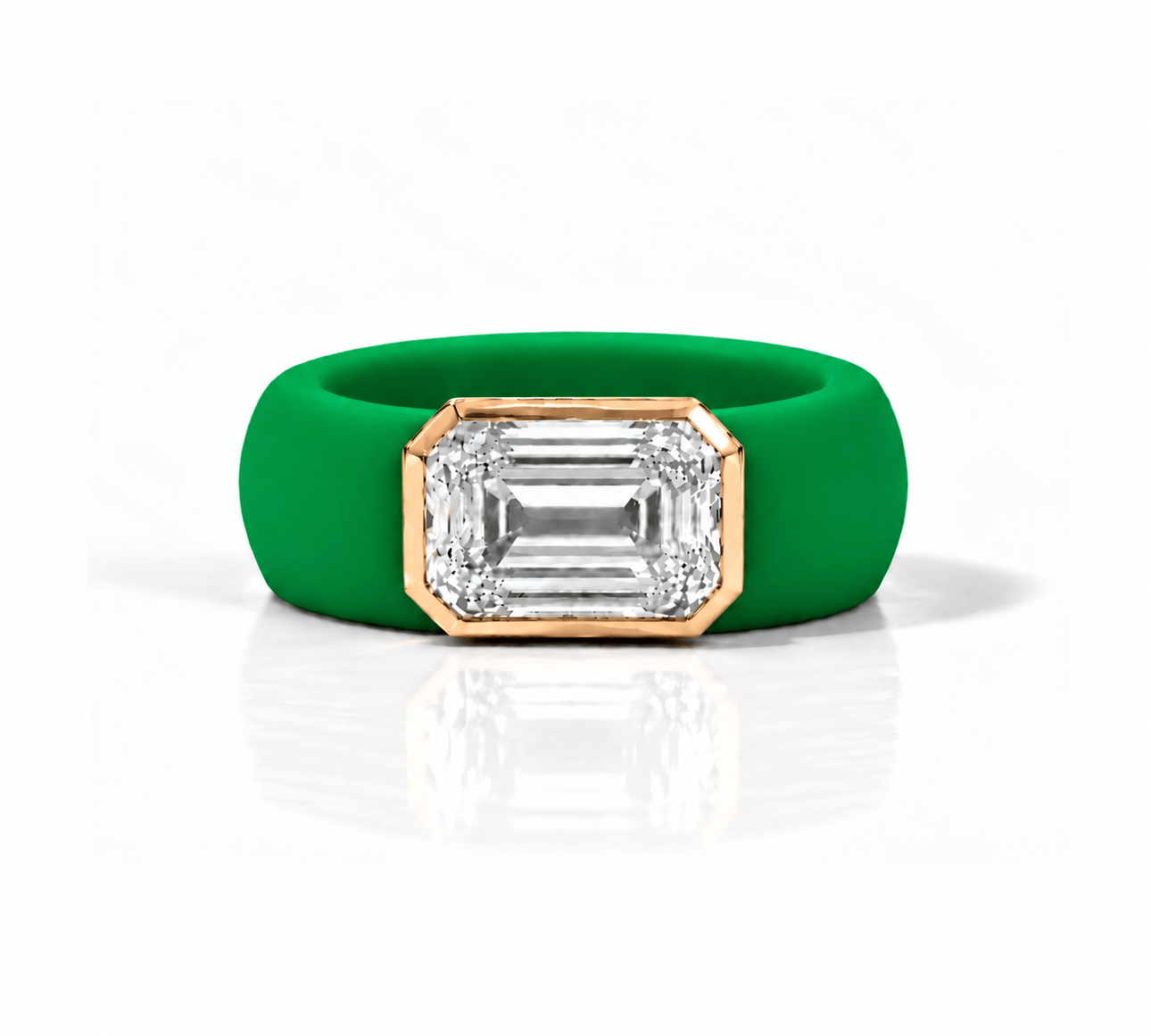 Rings Yellow / 4 / Green 14K gold Silicone Stretch Bezel Set Emerald Cut Diamond Ring, 4 ct
