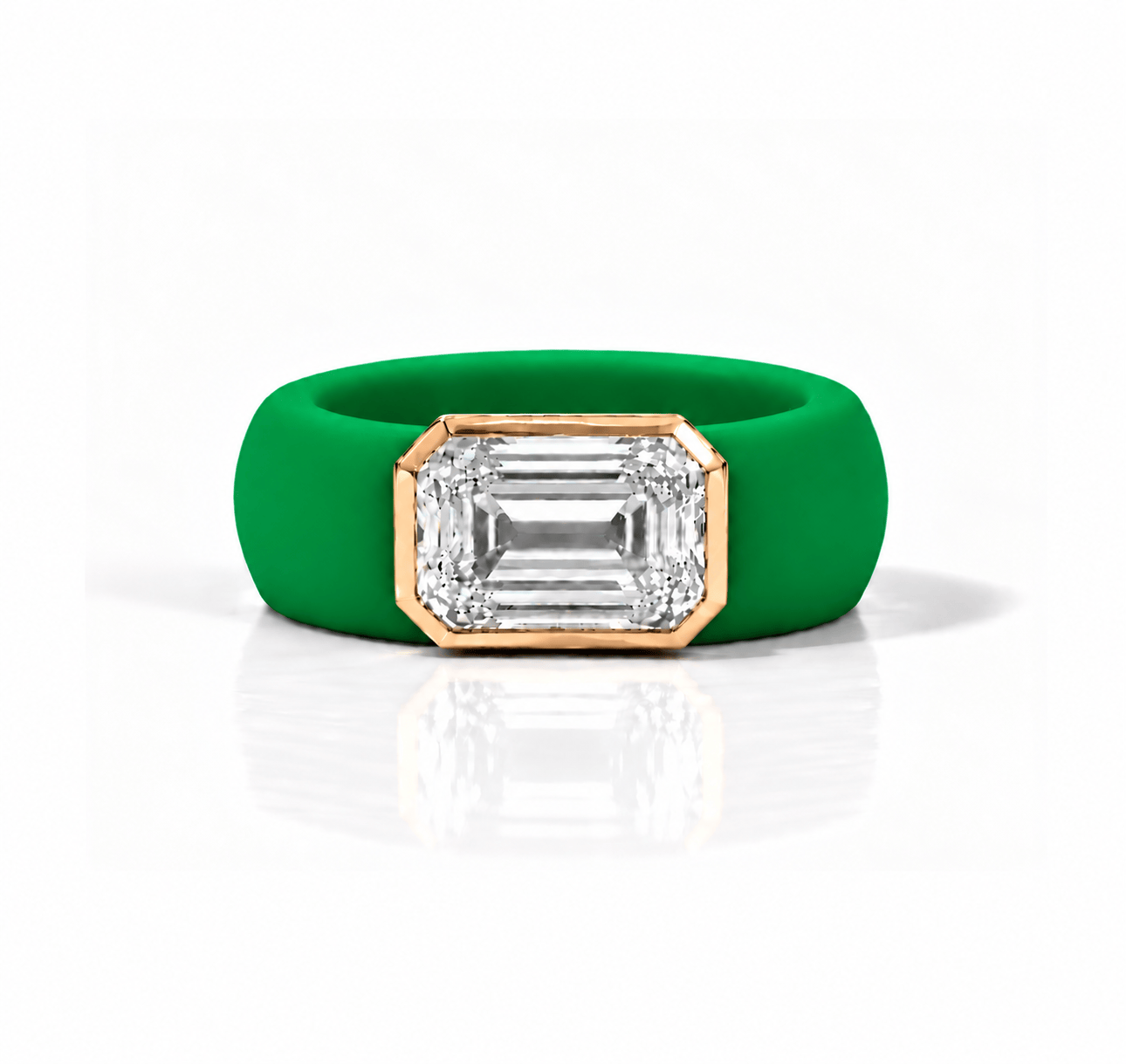 Rings Yellow / 4 / Green 14K gold Silicone Stretch Bezel Set Emerald Cut Diamond Ring, 4 ct