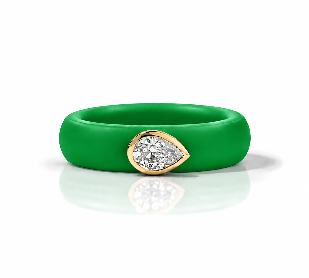 Rings Yellow / 4 / Green 14K gold Silicone Stretch East West Bezel Set Pear Diamond Ring, 1-1.2 cts Lab Grown