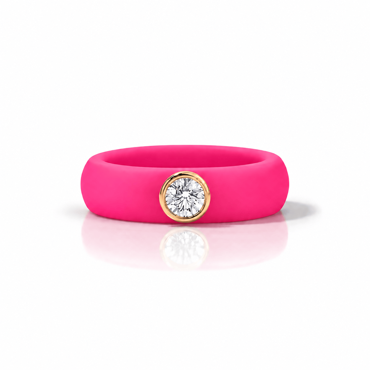 Rings Yellow / 4 / Hot Pink 14K gold Silicone Bezel Round Diamond Ring, 1-1.2 cts, Lab Grown