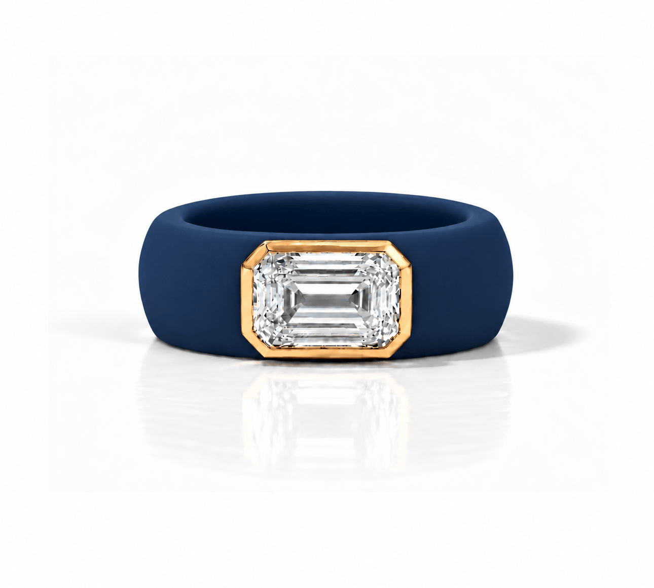 Rings Yellow / 4 / Navy 14K gold Silicone Stretch Bezel Set Emerald Cut Diamond Ring, 3 ct