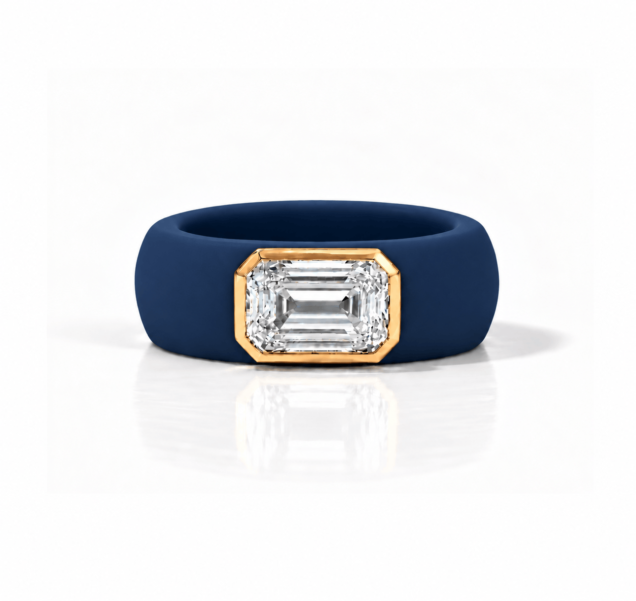 Rings Yellow / 4 / Navy 14K gold Silicone Stretch Bezel Set Emerald Cut Diamond Ring, 3 ct
