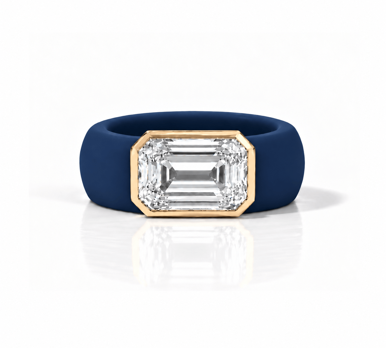 Rings Yellow / 4 / Navy 14K gold Silicone Stretch Bezel Set Emerald Cut Diamond Ring, 4 ct