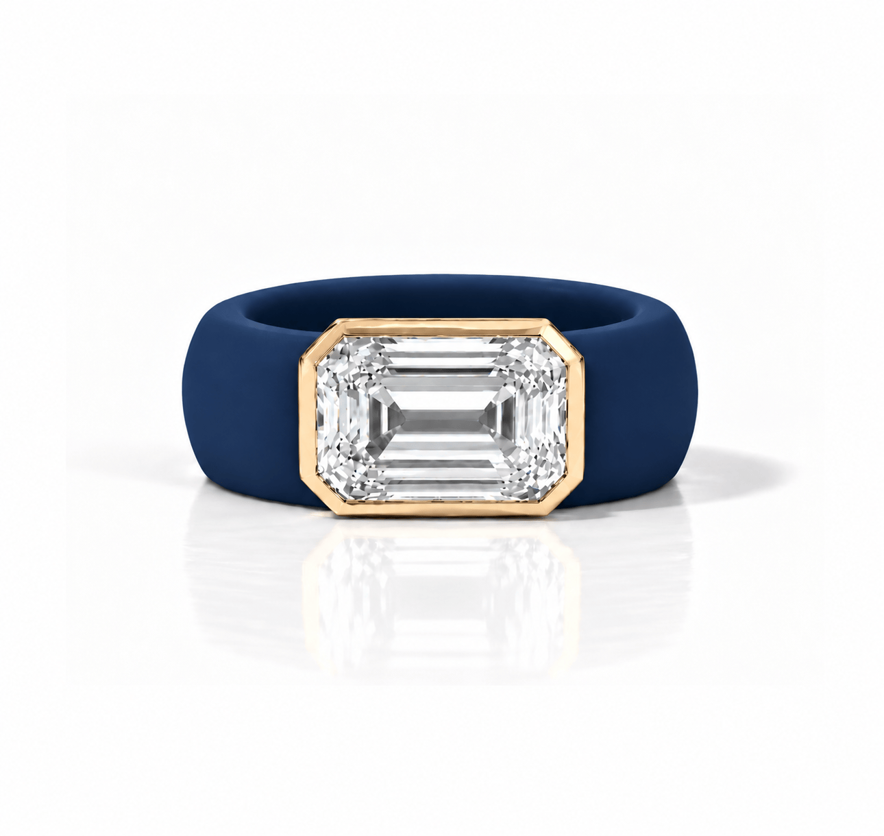 Rings Yellow / 4 / Navy 14K gold Silicone Stretch Bezel Set Emerald Cut Diamond Ring, 4 ct