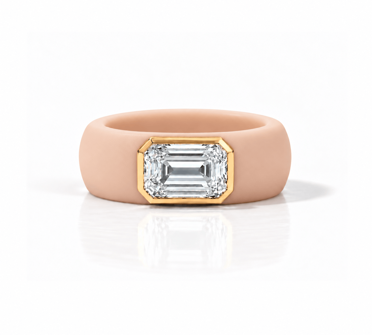 Rings Yellow / 4 / Nude 14K gold Silicone Stretch Bezel Set Emerald Cut Diamond Ring, 3 ct
