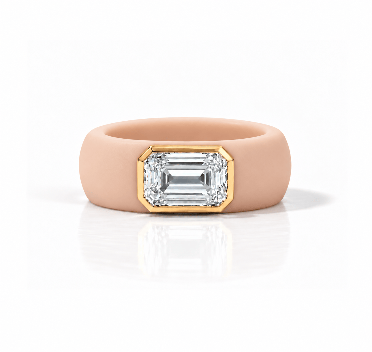 Rings Yellow / 4 / Nude 14K gold Silicone Stretch Bezel Set Emerald Cut Diamond Ring, 3 ct