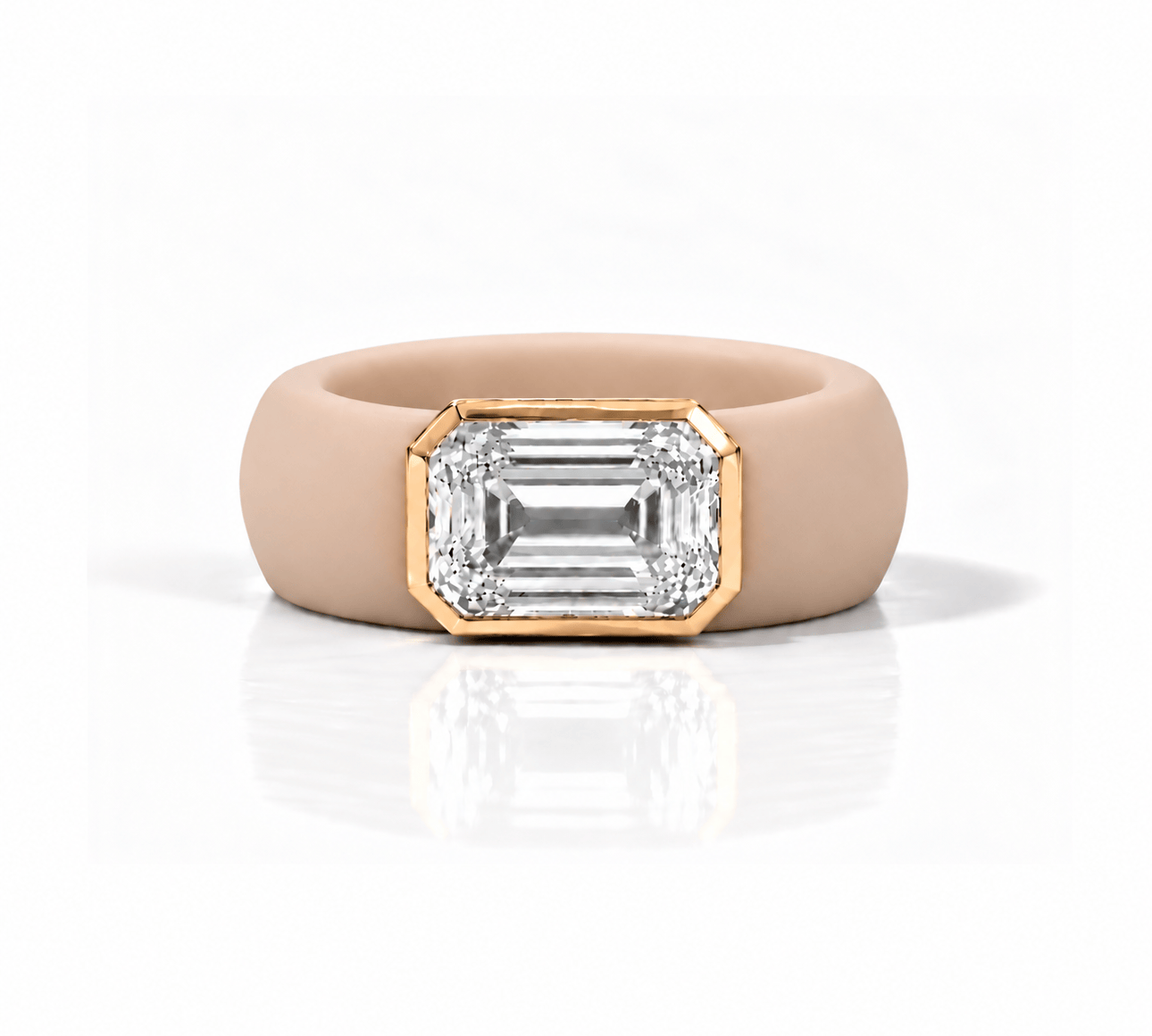 Rings Yellow / 4 / Nude 14K gold Silicone Stretch Bezel Set Emerald Cut Diamond Ring, 4 ct