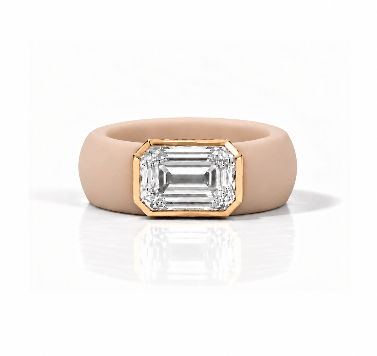 Rings Yellow / 4 / Nude 14K gold Silicone Stretch Bezel Set Emerald Cut Diamond Ring, 4 ct