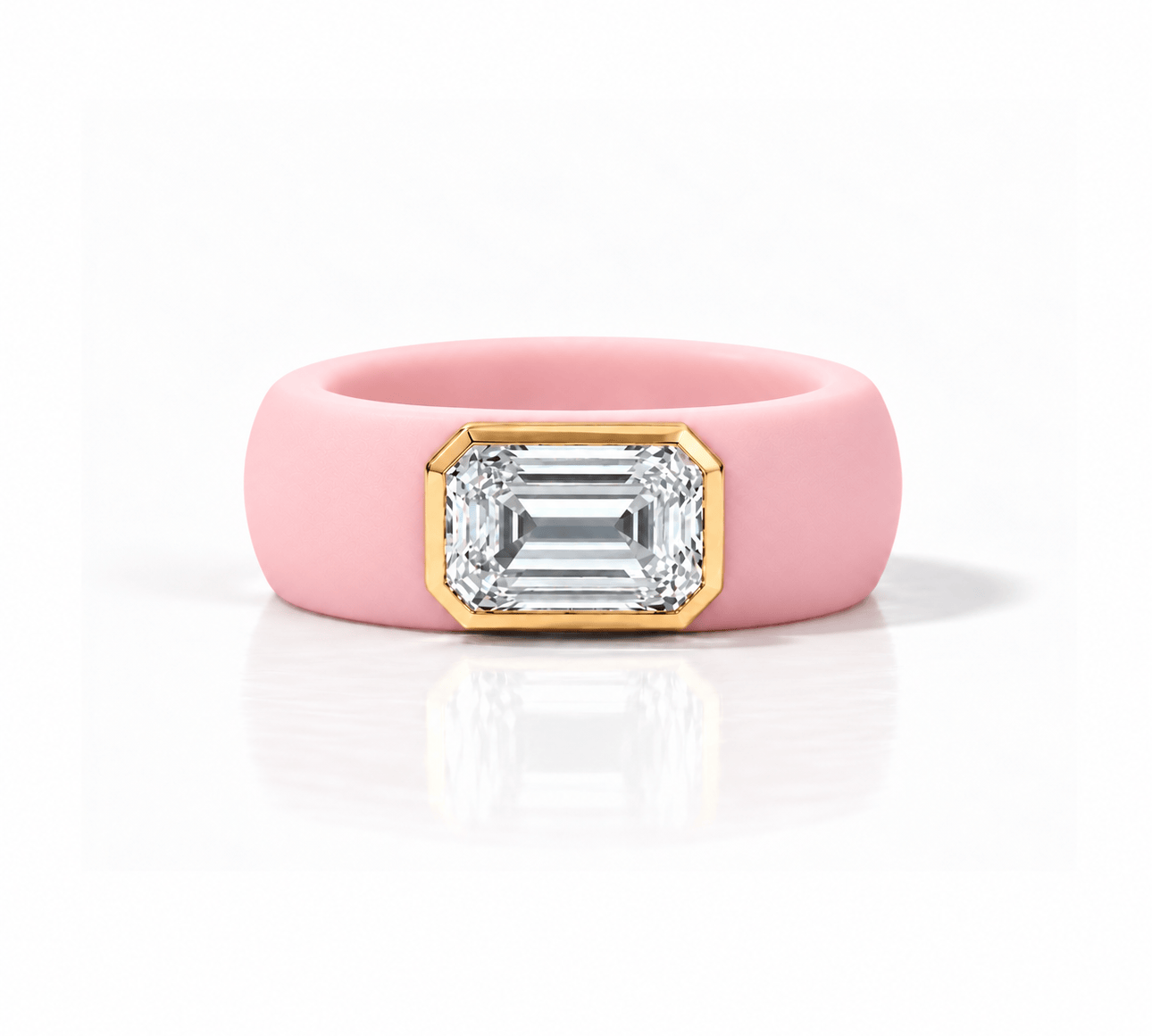 Rings Yellow / 4 / Pink 14K gold Silicone Stretch Bezel Set Emerald Cut Diamond Ring, 3 ct