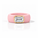 Rings Yellow / 4 / Pink 14K gold Silicone Stretch Bezel Set Emerald Cut Diamond Ring, 3 ct