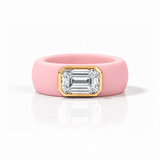 Rings Yellow / 4 / Pink 14K gold Silicone Stretch Bezel Set Emerald Cut Diamond Ring, 3 ct