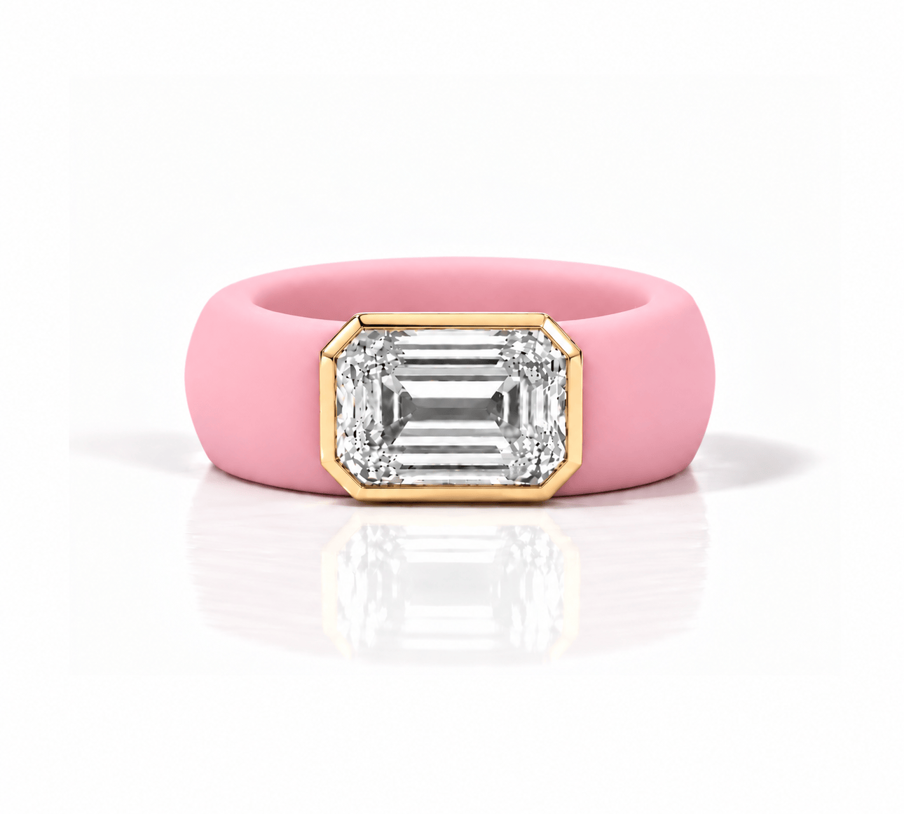 Rings Yellow / 4 / Pink 14K gold Silicone Stretch Bezel Set Emerald Cut Diamond Ring, 4 ct