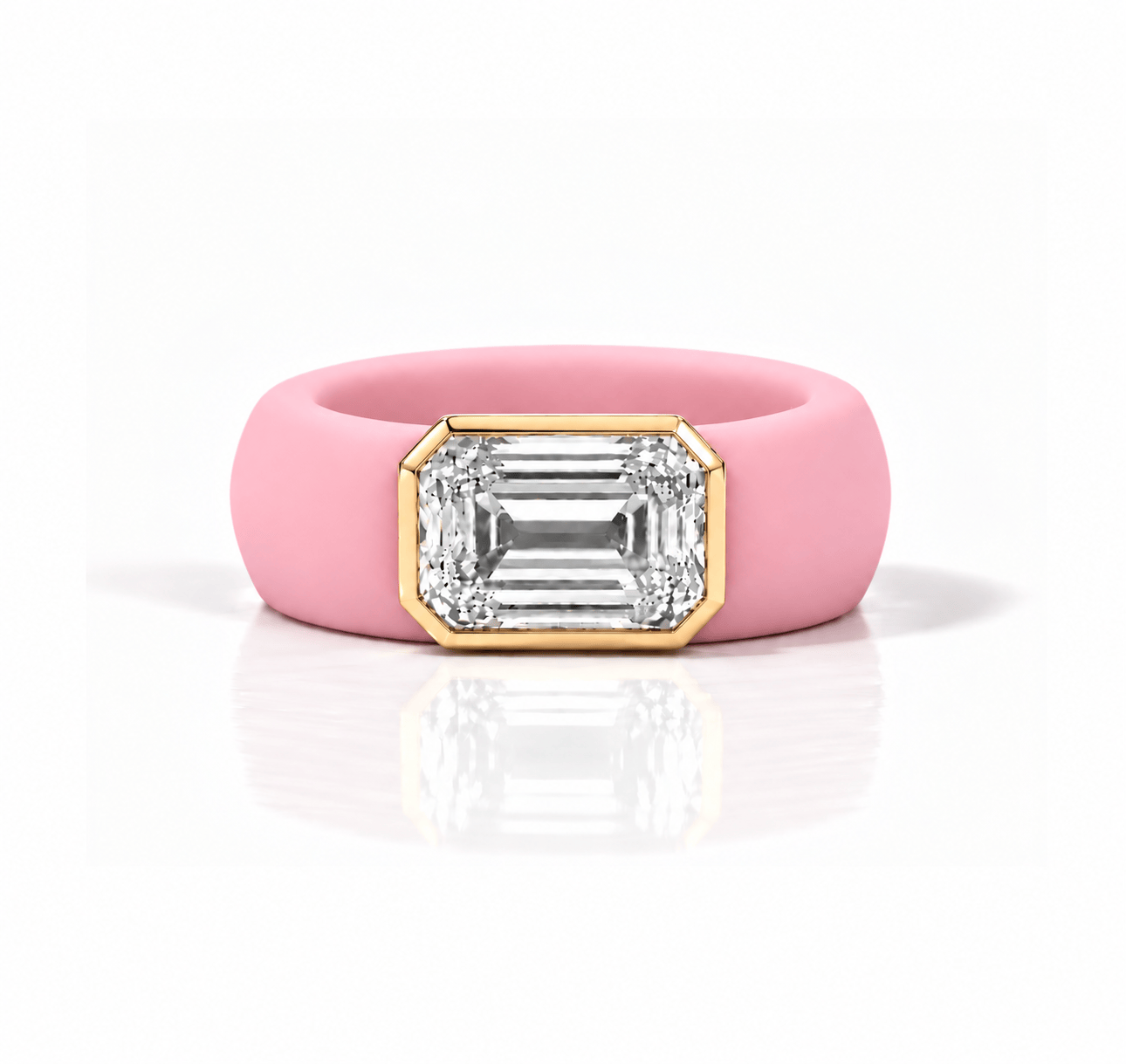 Rings Yellow / 4 / Pink 14K gold Silicone Stretch Bezel Set Emerald Cut Diamond Ring, 4 ct