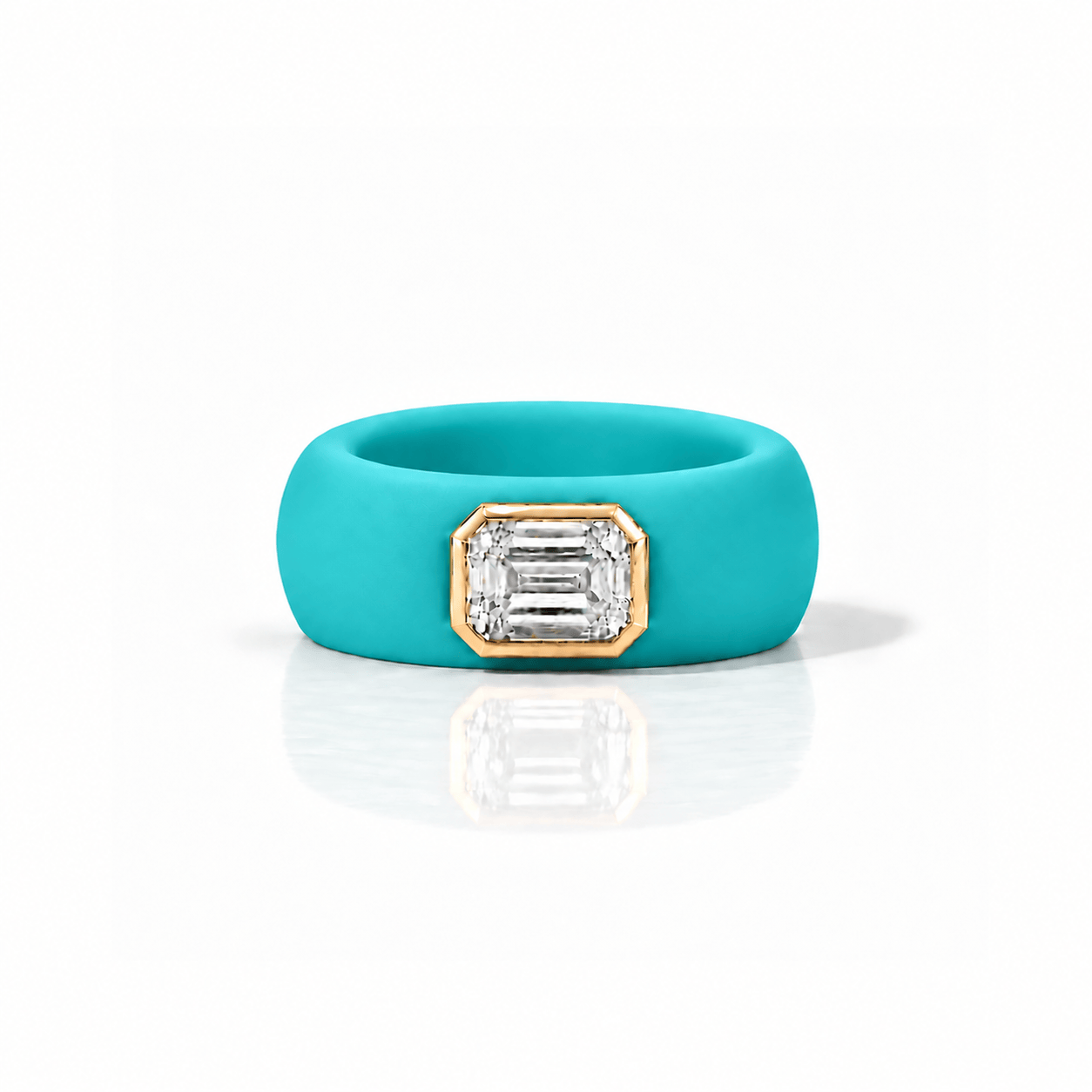 Rings Yellow / 4 / Turquoise 14K gold Silicone Stretch Bezel Set Emerald Cut Diamond Ring, 1-1.2 cts , Lab Grown