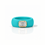 Rings Yellow / 4 / Turquoise 14K gold Silicone Stretch Bezel Set Emerald Cut Diamond Ring, 1-1.2 cts , Lab Grown
