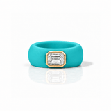 Rings Yellow / 4 / Turquoise 14K gold Silicone Stretch Bezel Set Emerald Cut Diamond Ring, 1-1.2 cts , Lab Grown