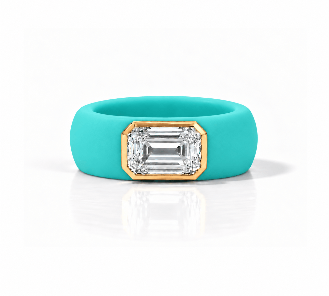 Rings Yellow / 4 / Turquoise 14K gold Silicone Stretch Bezel Set Emerald Cut Diamond Ring, 3 ct