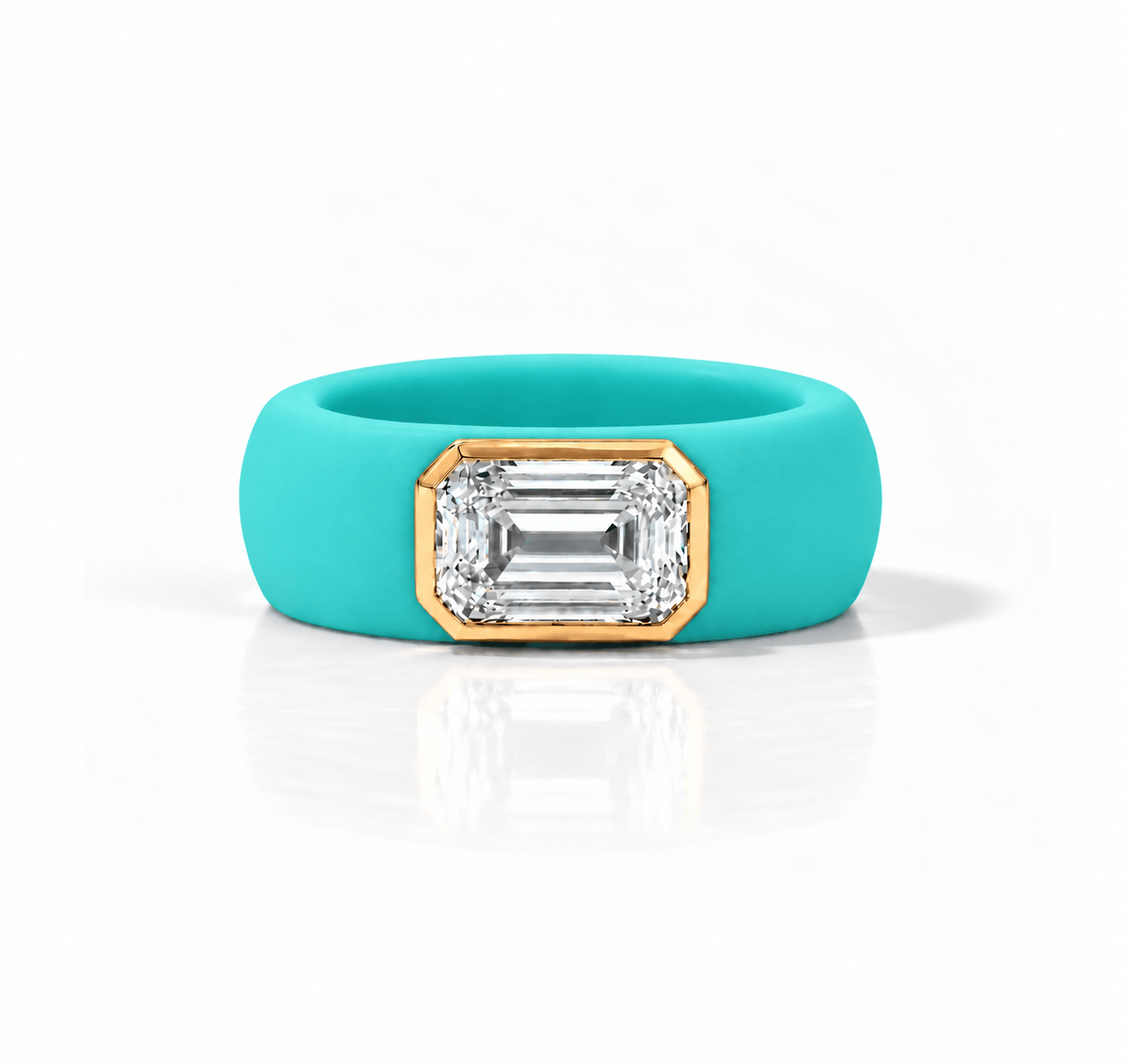 Rings Yellow / 4 / Turquoise 14K gold Silicone Stretch Bezel Set Emerald Cut Diamond Ring, 3 ct