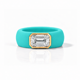 Rings Yellow / 4 / Turquoise 14K gold Silicone Stretch Bezel Set Emerald Cut Diamond Ring, 3 ct