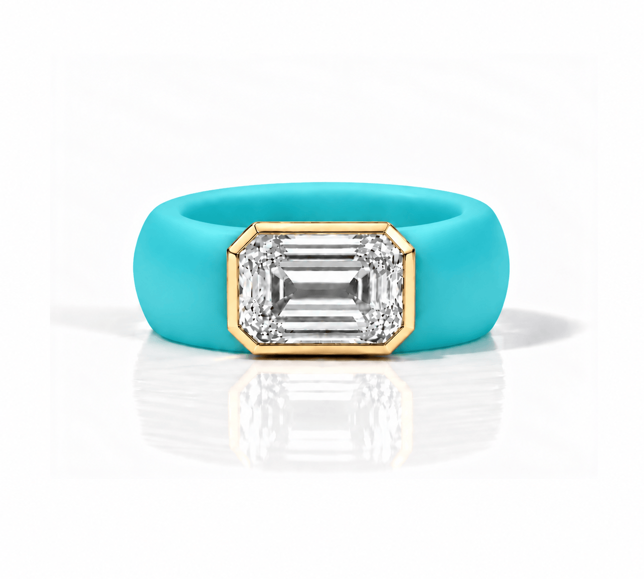 Rings Yellow / 4 / Turquoise 14K gold Silicone Stretch Bezel Set Emerald Cut Diamond Ring, 4 ct