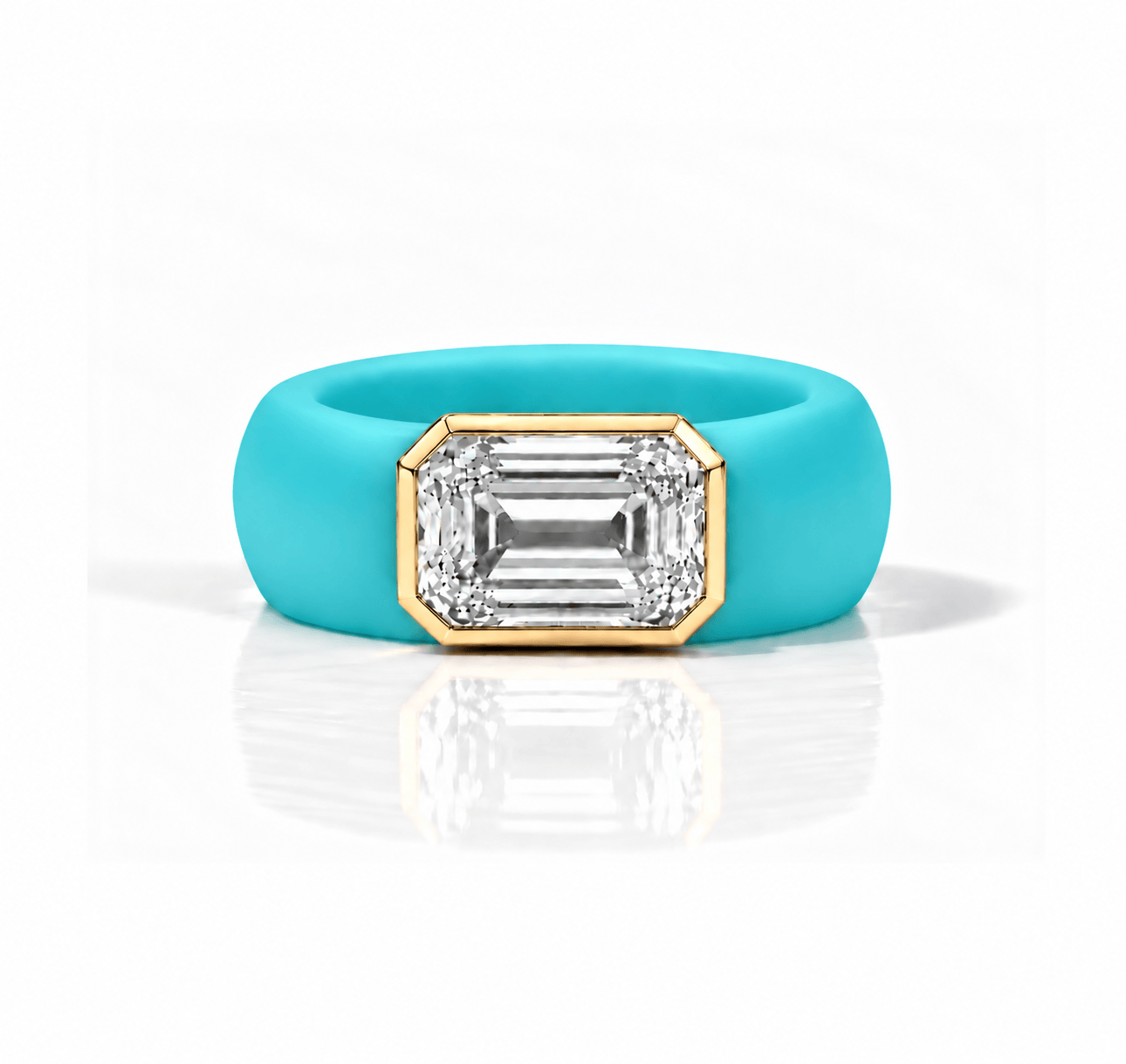 Rings Yellow / 4 / Turquoise 14K gold Silicone Stretch Bezel Set Emerald Cut Diamond Ring, 4 ct