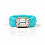 Rings Yellow / 4 / Turquoise 14K gold Silicone Stretch Bezel Set Emerald Cut Diamond Ring, 4 ct