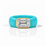 Rings Yellow / 4 / Turquoise 14K gold Silicone Stretch Bezel Set Emerald Cut Diamond Ring, 4 ct