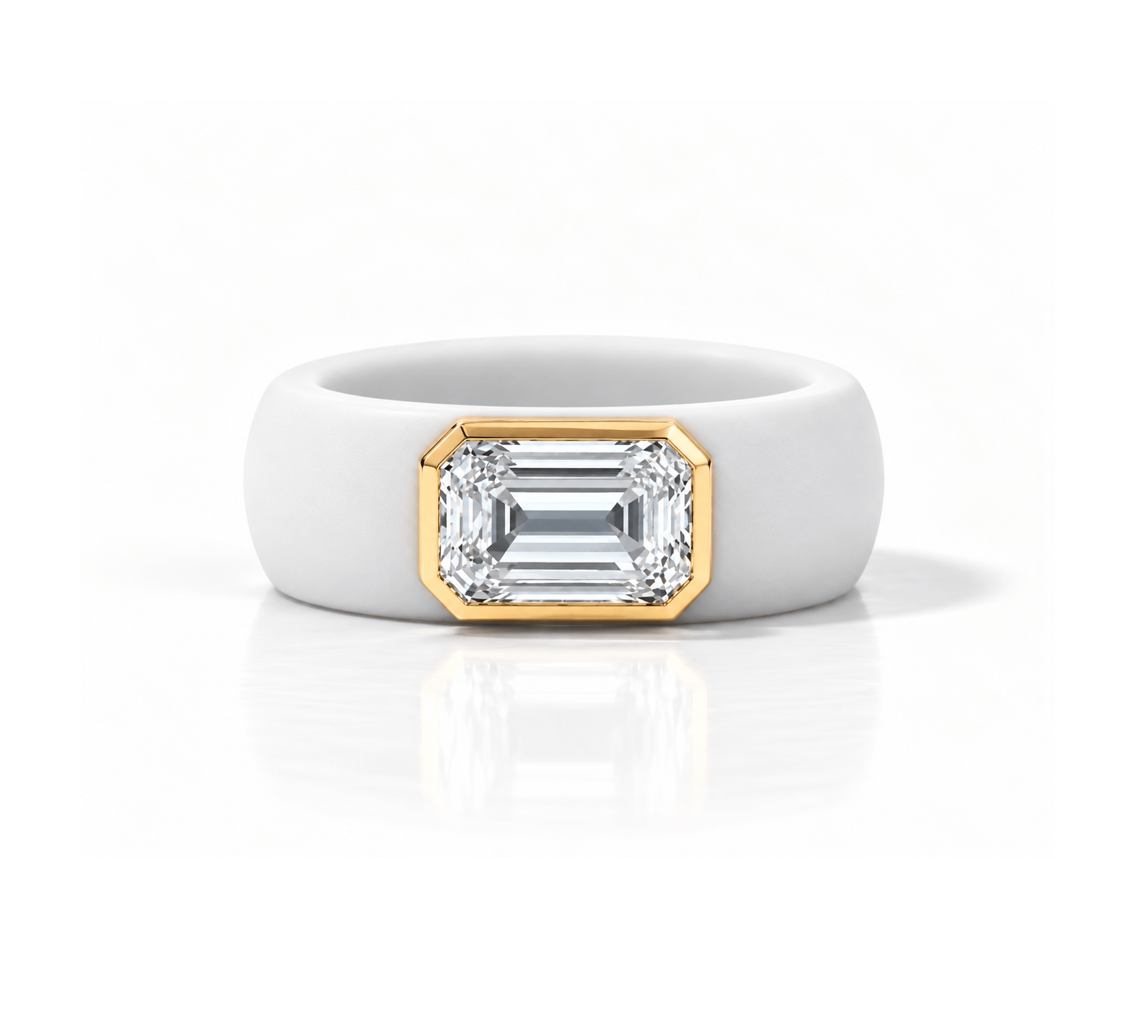Rings Yellow / 4 / White 14K gold Silicone Stretch Bezel Set Emerald Cut Diamond Ring, 3 ct