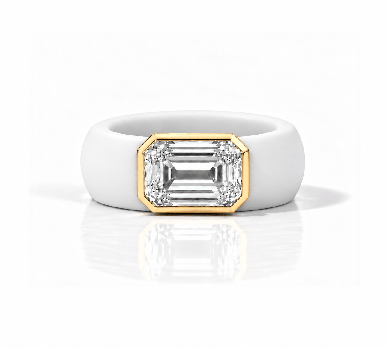 Rings Yellow / 4 / White 14K gold Silicone Stretch Bezel Set Emerald Cut Diamond Ring, 4 ct