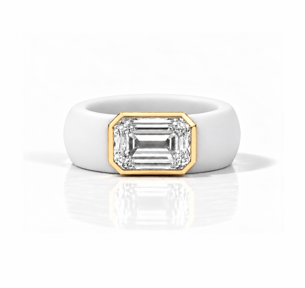Rings Yellow / 4 / White 14K gold Silicone Stretch Bezel Set Emerald Cut Diamond Ring, 4 ct