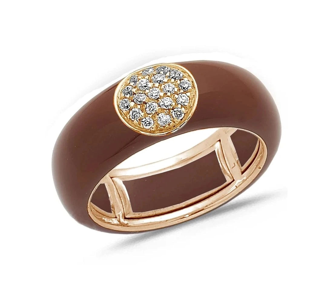 Rose / Brown / Small (4.5-6) 18K Gold Enamel Circle Pave Diamond Stretch Ring, 8.26 mm