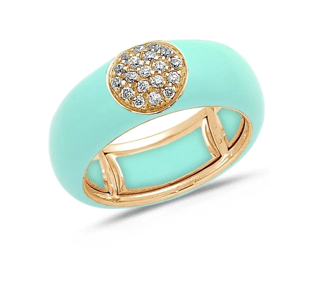 Rose / Light Blue / Small (4.5-6) 18K Gold Enamel Circle Pave Diamond Stretch Ring, 8.26 mm