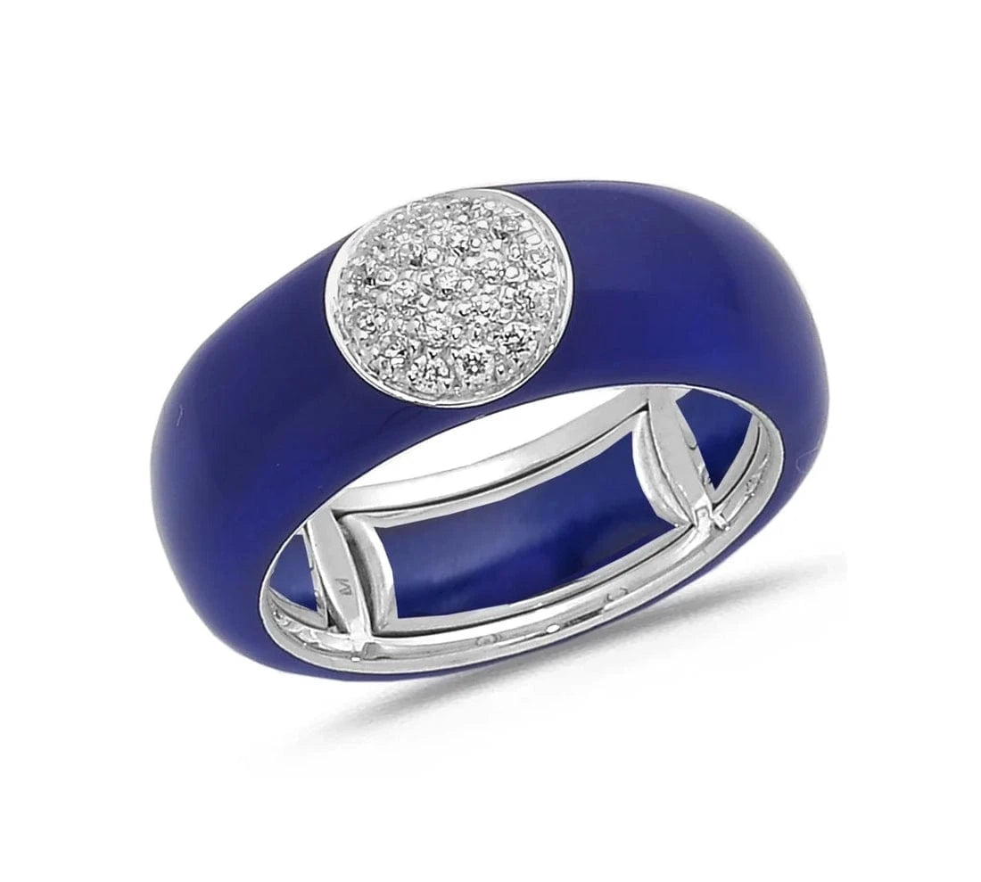 Rose / Navy BLue / Small (4.5-6) 18K Gold Enamel Circle Pave Diamond Stretch Ring, 8.26 mm