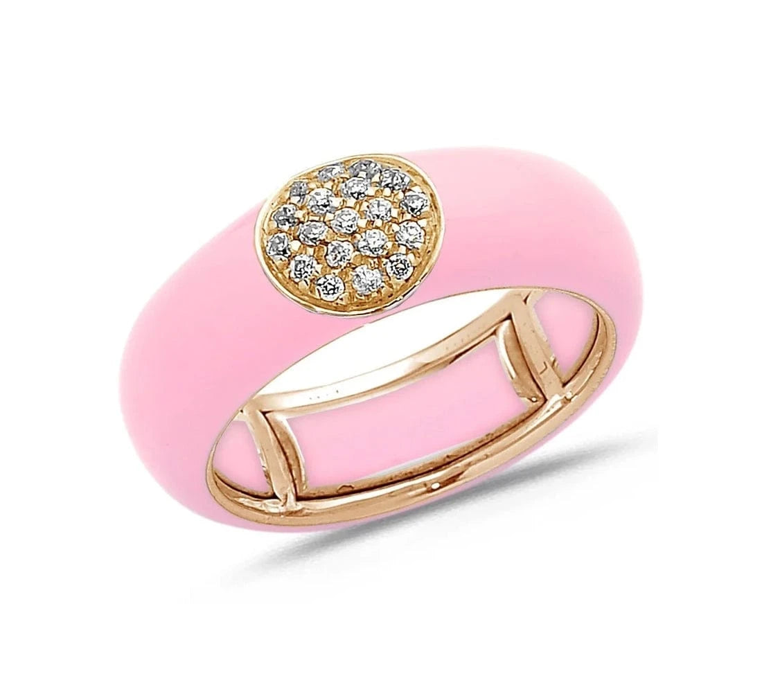Rose / Pink / Small (4.5-6) 18K Gold Enamel Circle Pave Diamond Stretch Ring, 8.26 mm