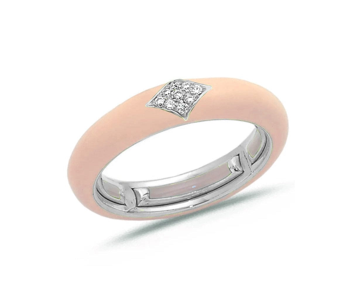 White / Blush Pink / Small (4.5-6) 18K Gold Enamel and Diamond Shape Pave Diamond Stretch Ring, 4.4 mm