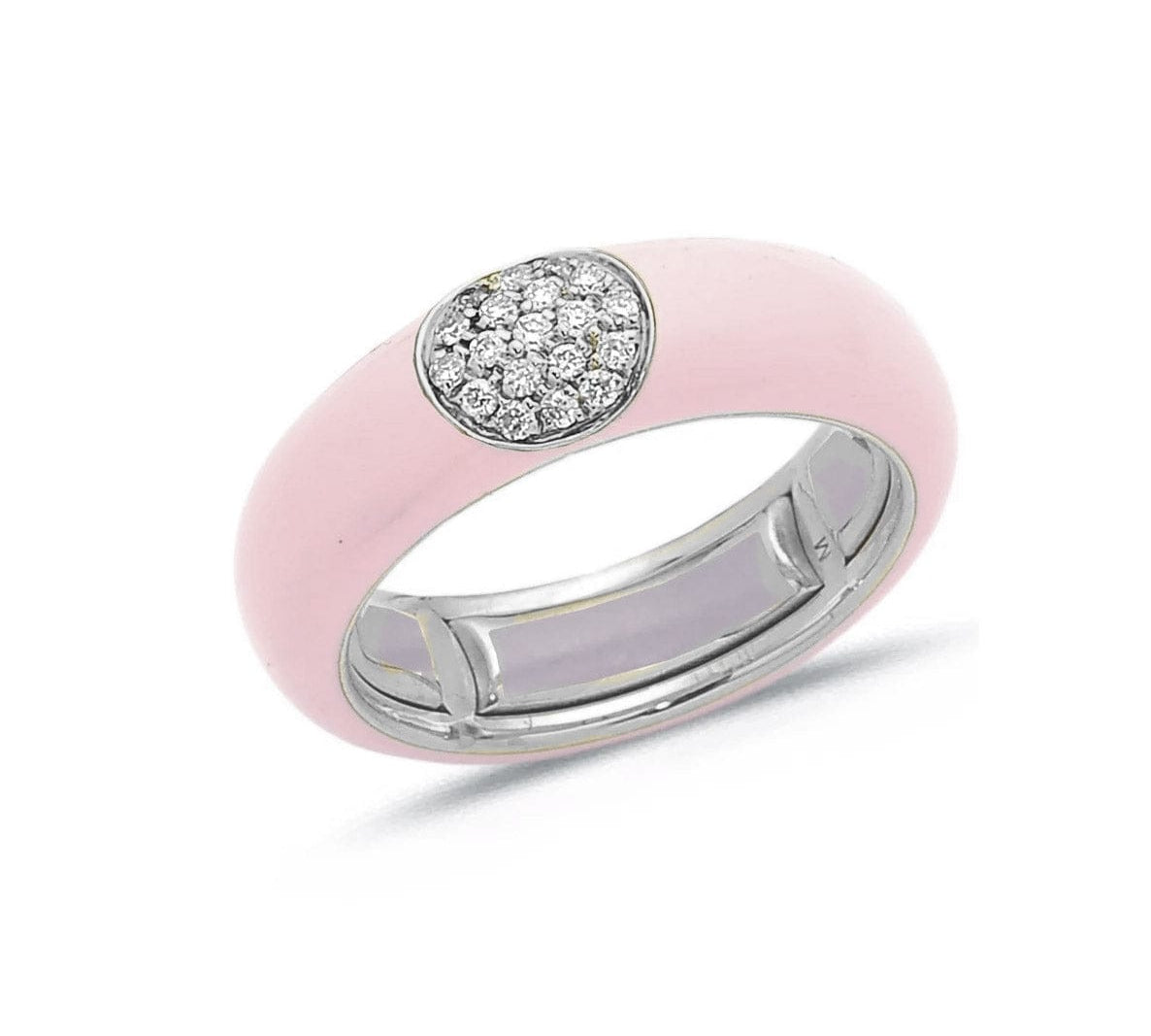 White / Blush Pink / Small (4.5-6) 18K Gold Enamel and Round Pave Diamond Stretch Ring, 6.10 mm