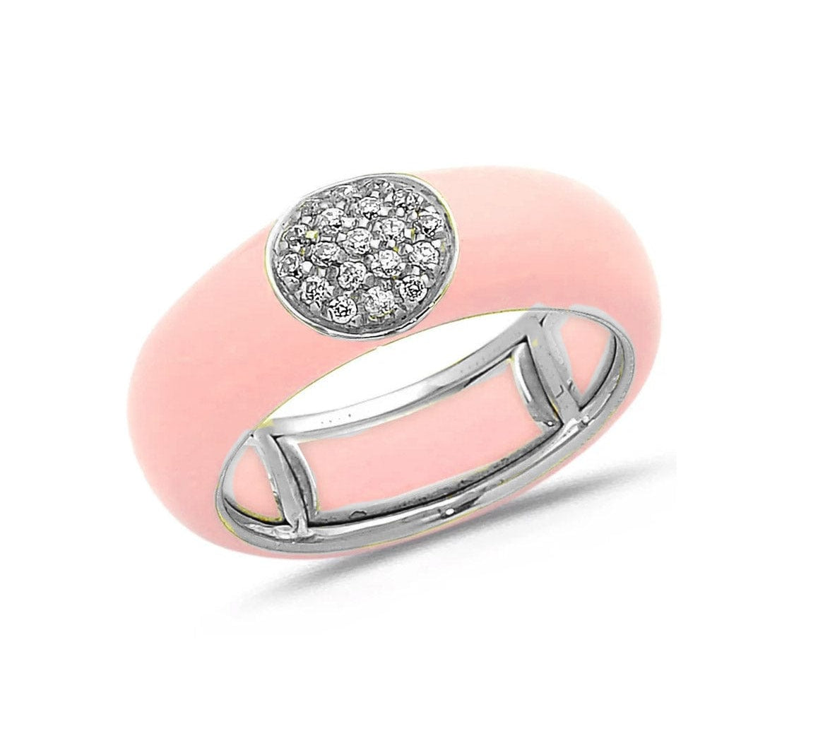 White / Blush Pink / Small (4.5-6) 18K Gold Enamel Circle Pave Diamond Stretch Ring, 8.26 mm