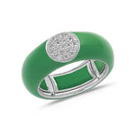 White / Green / Small (4.5-6) 18K Gold Enamel Circle Pave Diamond Stretch Ring, 8.26 mm