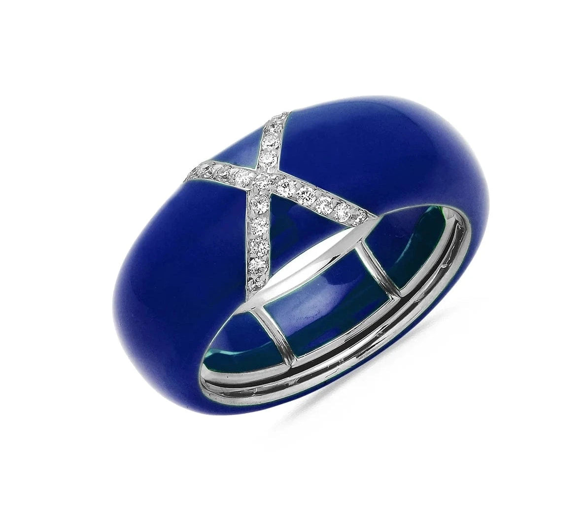 White / Navy BLue / Small (4.5-6) 18K Gold Enamel X Pave Diamond Stretch Ring, 8.26 mm
