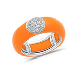 White / Orange / Small (4.5-6) 18K Gold Enamel Circle Pave Diamond Stretch Ring, 8.26 mm