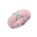 White / Pink / Small (4.5-6) 18K Gold Enamel X Pave Diamond Stretch Ring, 8.26 mm