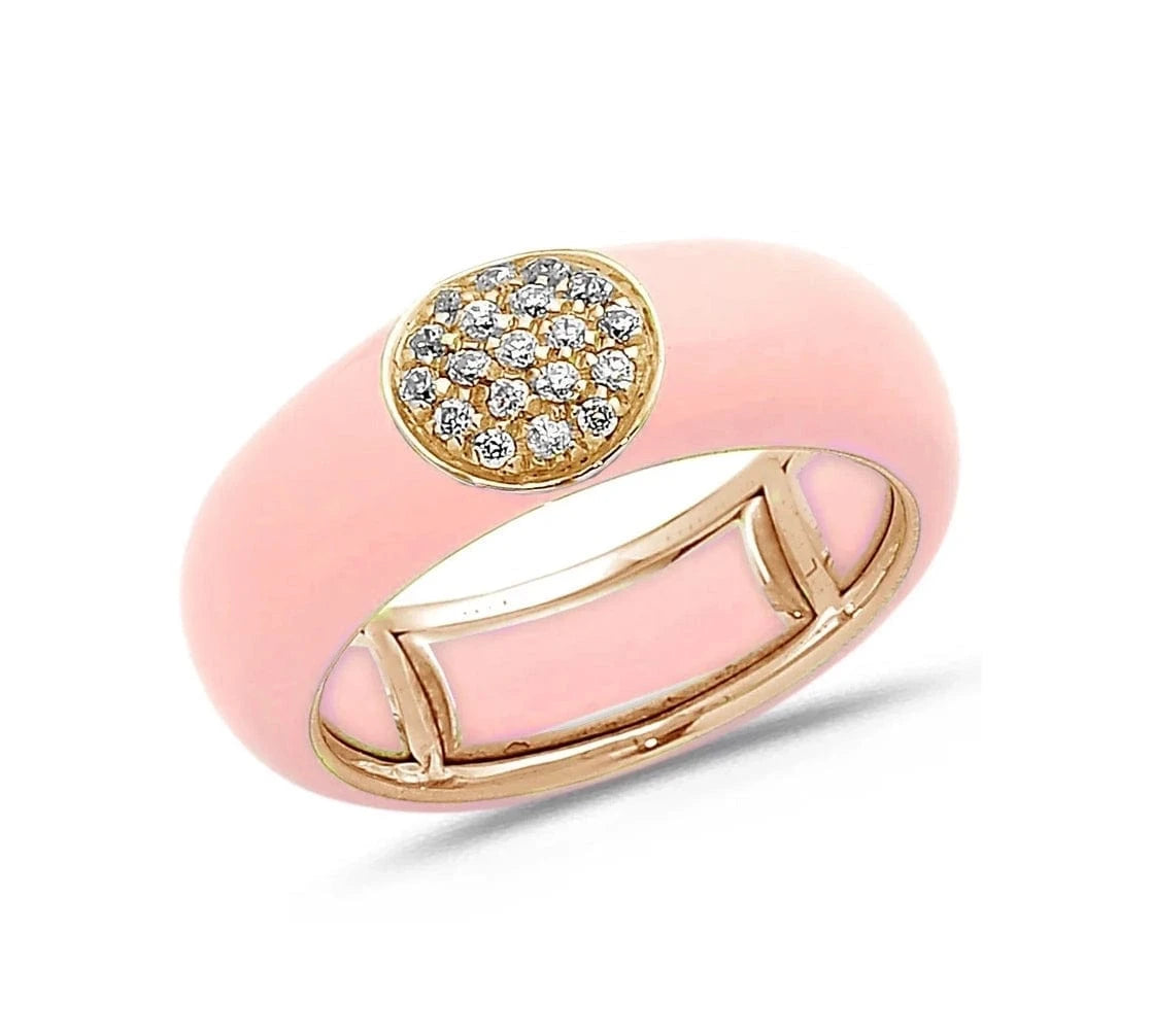 Yellow / Blush Pink / Small (4.5-6) 18K Gold Enamel Circle Pave Diamond Stretch Ring, 8.26 mm