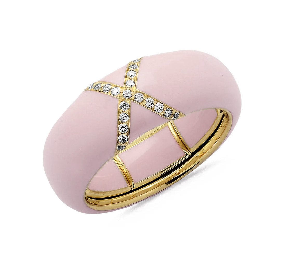 Yellow / Blush Pink / Small (4.5-6) 18K Gold Enamel X Pave Diamond Stretch Ring, 8.26 mm